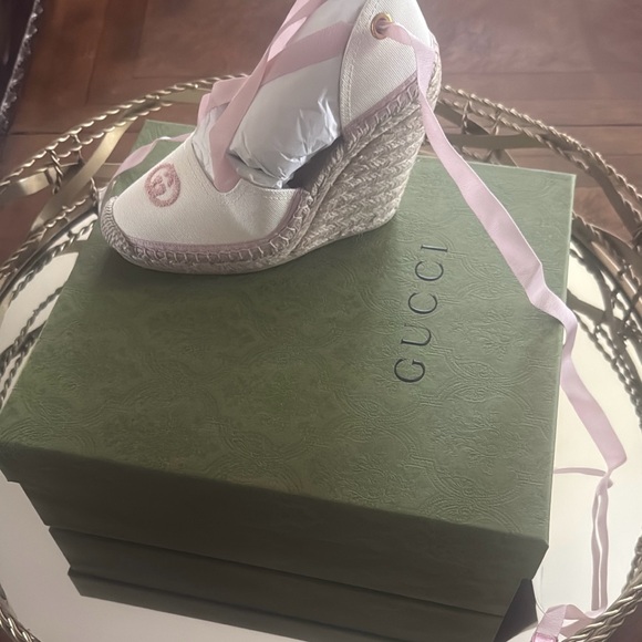 Gucci Shoes - Gucci Women's Pink and White Espadrille Wedge